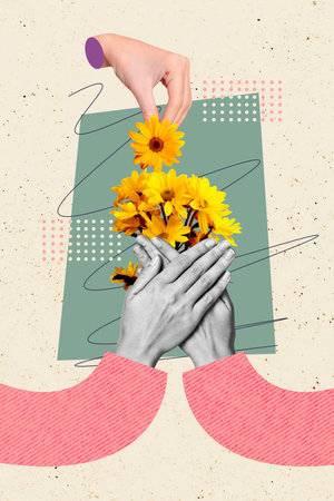 Vertical collage hands body fragments hold yellow flowers blossom daisy summertime spring holiday march may congratulation gift presentの写真素材