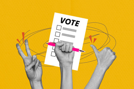 Composite trend artwork 3D sketch image photo collage of call election choice democracy check mark hands thumb up peace group voteの写真素材