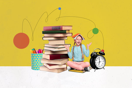 Composite photo collage of happy blonde girl roof book stack literature bookworm subject school lesson isolated on painted backgroundの写真素材