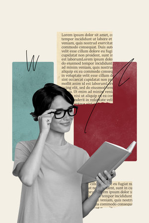 Vertical photo collage of happy girl bookworm read book education study university learner nerd wear glasses isolated on painted backgroundの写真素材