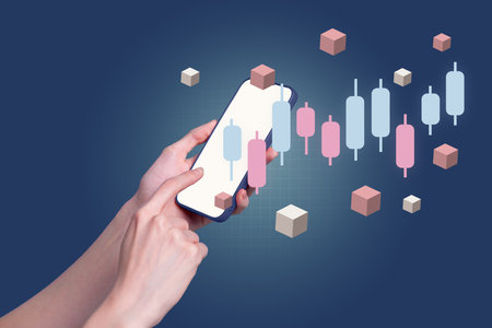 Composite trend artwork sketch collage of cyberspace hologram monitor futuristic hand hold smartphone stats trader online finger touchの写真素材