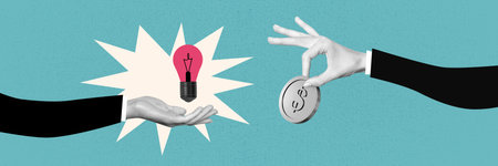 Composite panoramic collage of hands hold light bulb idea finding coin payment exchange business...