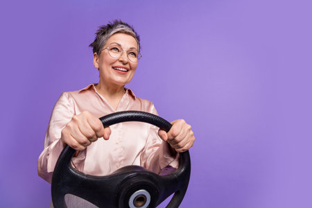 Photo portrait of attractive retired woman driving steering wheel dressed stylish satin clothes...