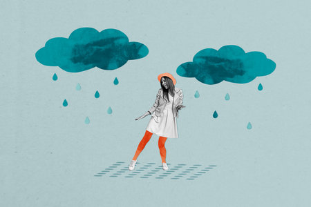Composite photo collage of happy girl dance cloud rain cyclone autumn forecast season atmosphere isolated on painted backgroundの写真素材
