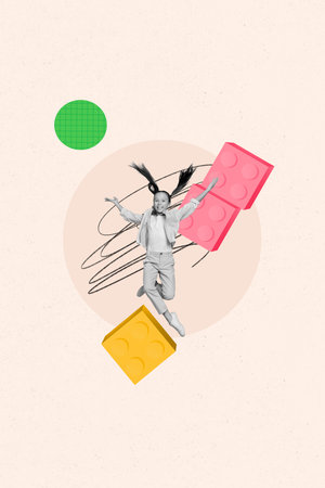 Creative trend collage of funny girl jump have fun school day shopping kids education concept...