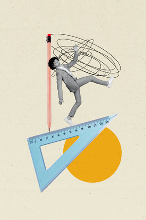 Creative trend collage of funny boy walk ruler pencil school day shopping kids education concept...