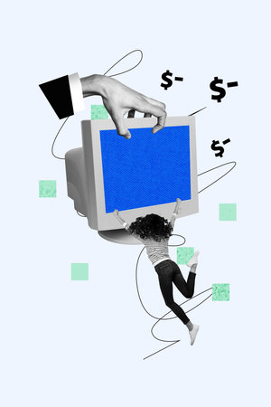 Vertical photo collage of happy girl jump success purchase pc monitor dollar minus transaction...