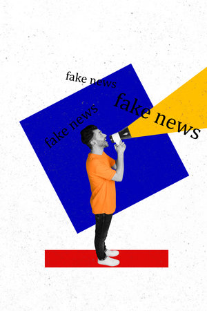 Composite trend artwork sketch image collage of young guy stand hand hold loudspeaker talk leader...