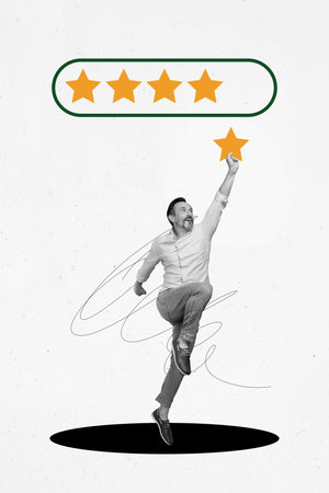 Collage image vertical artwork of happy handsome mature man hold star isolated on drawing creative...
