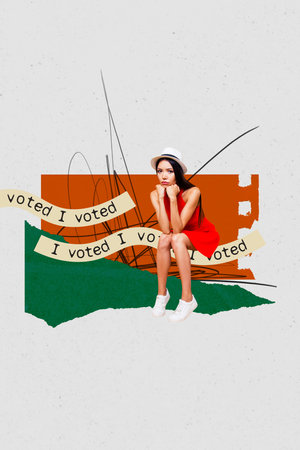 Vertical photo collage of upset bored girl election process democracy event politician patriotism isolated on painted backgroundの写真素材