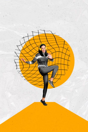 Composite trend artwork 3D sketch image collage of copyspace page net circle young lady model posing moving active headphones listen musicの写真素材