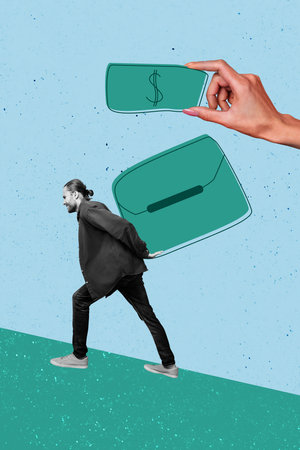 Vertical poster collage young man carry purse wallet banknote cash dollar money finance earnings collect put inside drawing backgroundの写真素材