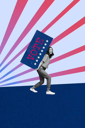 Composite trend artwork sketch image photo collage of call election choice democracy miniature lady walk heavy vote banner hand hold carryの写真素材