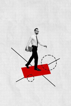 Vertical photo collage of serious businessman walk carry laptop path development success pointer isolated on painted backgroundの写真素材