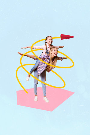 Vertical poster collage young woman mothers day family together daughter kid child flight wings...