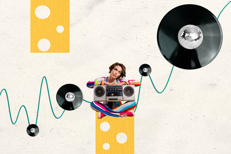Composite photo collage of serious girl pouted lips sit boombox recorder vintage party melody event...