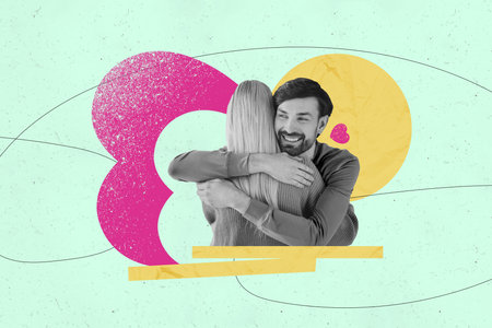 Creative collage picture young woman man hug each other together valentine day wife husband love trust support cheerful loversの写真素材