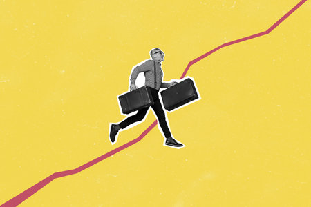 Composite trend artwork sketch image photo collage of yellow backdrop travel moving summer vacation aged man moving run hand hold baggageの写真素材