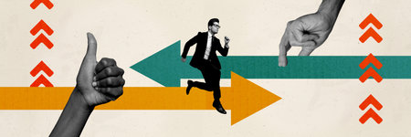 Panoramic collage young ambitious businessman run arrow forward direction career promotion employee...
