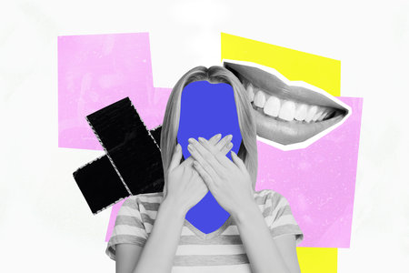 Composite trend artwork photo collage of caricature personage faceless wear mask close mouth keep silence stop talk cross huge mouthの写真素材