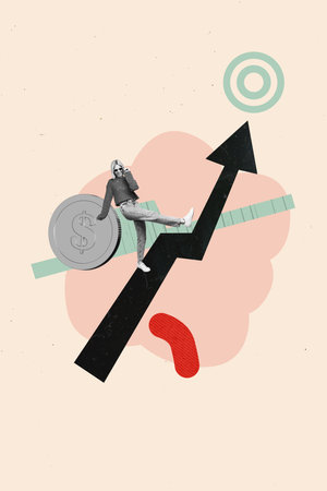 Composite trend artwork image collage of copyspace young lady miniature walk huge arrow high direction up growth target goal rich moneyの写真素材