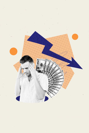 Vertical photo collage of puzzled businessman dollar cash arrow inflation recession problem cash loss isolated on painted backgroundの写真素材