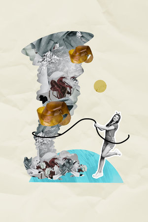 Composite collage picture image of young female pull pile trash ecology global warming cleaning freak bizarre unusual fantasy billboardの写真素材