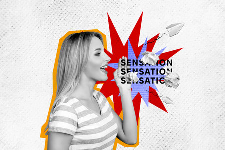 Composite trend artwork 3D sketch photo collage of silhouette young lady hand gesture loud speak breaking news sensation word proclaimの写真素材