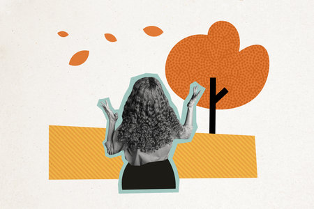 Collage image picture of young woman walk autumn forest tree autumn season isolated on painted backgroundの写真素材