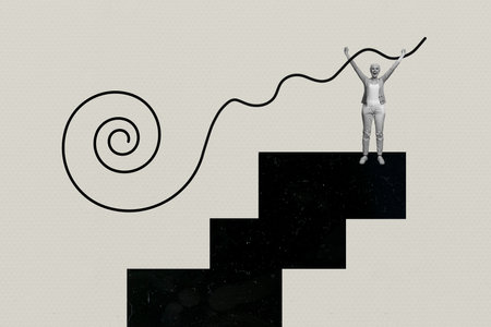 Composite photo collage of excited happy old woman success career ladder growth target development path isolated on painted backgroundの写真素材