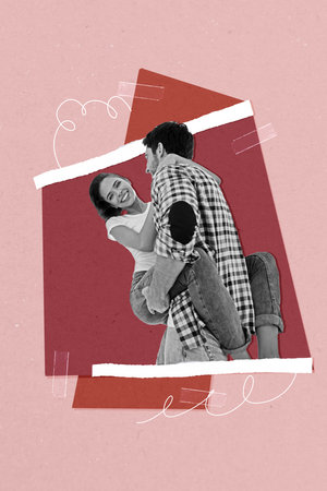 Composite trend artwork sketch image photo collage of family love bonding relations couple young lady sit guy hand hold lift up hugsの写真素材