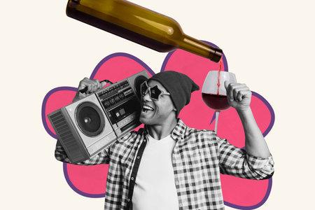 Collage artwork of cheerful glad funny guy have fun night club isolated on creative drawing...