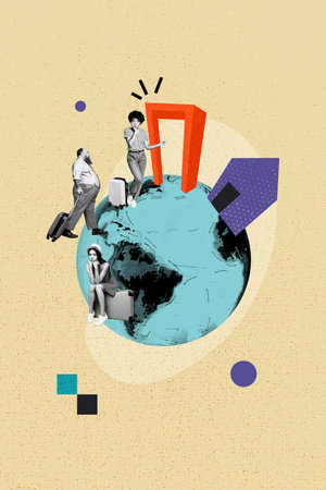 Vertical photo collage of three girls guy refugee earth globe continent relocation home move carry suitcase isolated on painted backgroundの写真素材