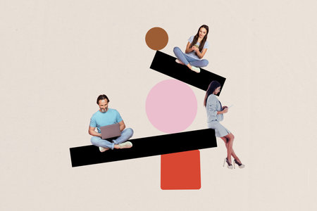 Composite photo collage of three happy freelancer workers employee surf laptop phone development...