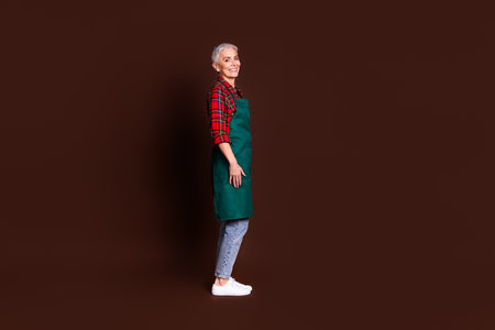 Full length photo of lovely retired lady wear stylish workwear clothes isolated on brown color backgroundの写真素材