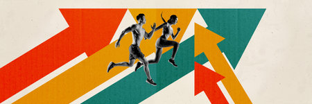 Panoramic photo collage young sportsman sportswoman leadership motivation direction up progress arrow drawing backgroundの写真素材