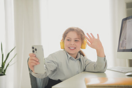 Photo of charming cute funny nice girl schoolkid sitting chair table studying from home apartment...