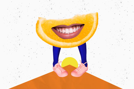 Composite photo collage of human legs shoes instead body orange citrus fruit pulp detox diet nutrition isolated on painted backgroundの写真素材