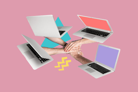Composite photo collage of colleagues hands peek laptop screen distance cooperation success team...