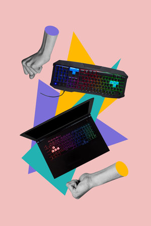 Vertical poster collage gaming computer laptop colorful rgb keyboard equipment keypad wire cable 3d...