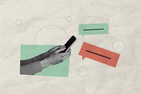 Composite photo collage of human hands hold iphone device type message correspondence concept text box mind isolated on painted backgroundの写真素材