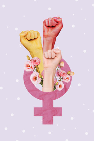 Vertical poster collage hands body fragment protest activism feminism gender womens day holiday...
