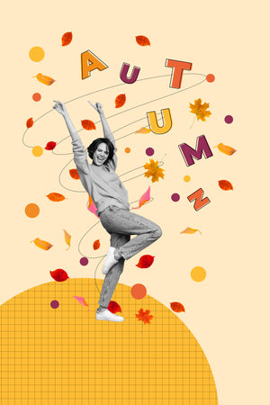 Composite trend artwork image photo collage of copybook page autumn letters young lady student happy dance moving hands up fall leavesの写真素材