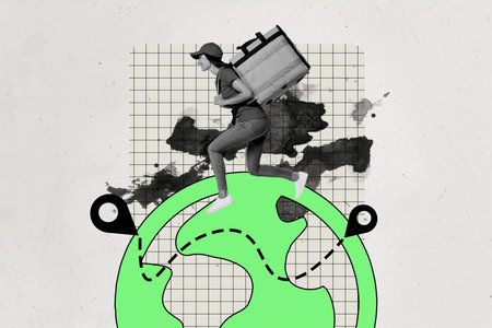 Composite trend artwork photo collage of world map location point delivery service young lady...