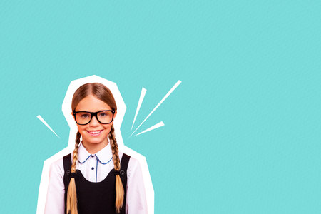 Composite photo collage of happy cute schoolgirl geek wear glasses back education autumn fall study isolated on painted backgroundの写真素材