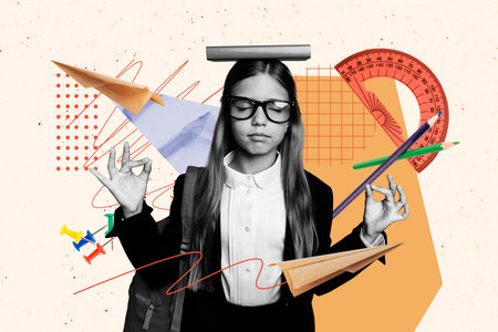 Creative abstract template collage of funny focused schoolgirl meditate education studying school day shopping unusual billboard comicsの写真素材