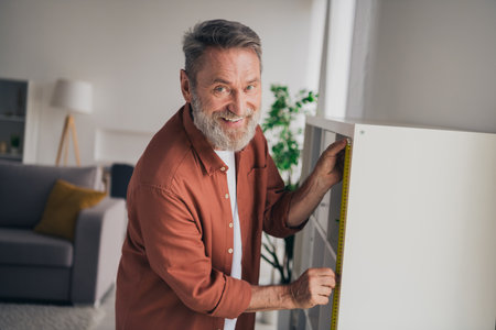 Photo of senior male sit couch repair install shelf dressed brown outfit cozy day light home interior living roomの写真素材