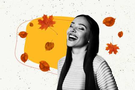 Composite trend artwork image collage of copyspace autumn season fall weather outdoors nature young woman face smile beautiful modelの写真素材