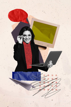 Vertical poster collage young cheerful woman laptop worker office manager digital device monitor screen display drawing doodlesの写真素材