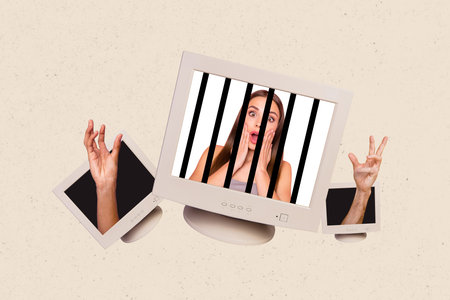 Collage picture young shocked astonished scared woman prisoner cell cage computer screen monitor...